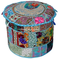 Ethnic Foot Stool Pouf Cover Patchwork Embroidered Round Ottoman Bohemian 16"
