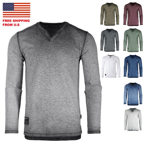 ZIMEGO Mens Long Sleeve V-Neck Henley Oil Wash Vintage Shirt