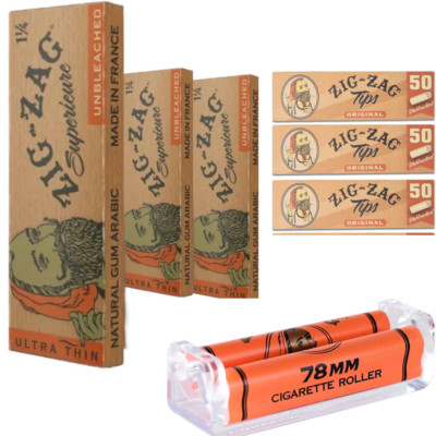 Zig-Zag Unbleached Kit: 3 Booklets 1 1/4 Papers + Tips + 78mm Roller