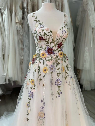 Wedding Dress Boho Fairy A-Line Florals Rustic Country Bridal Gowns Tulle Bride - Picture 3 of 12