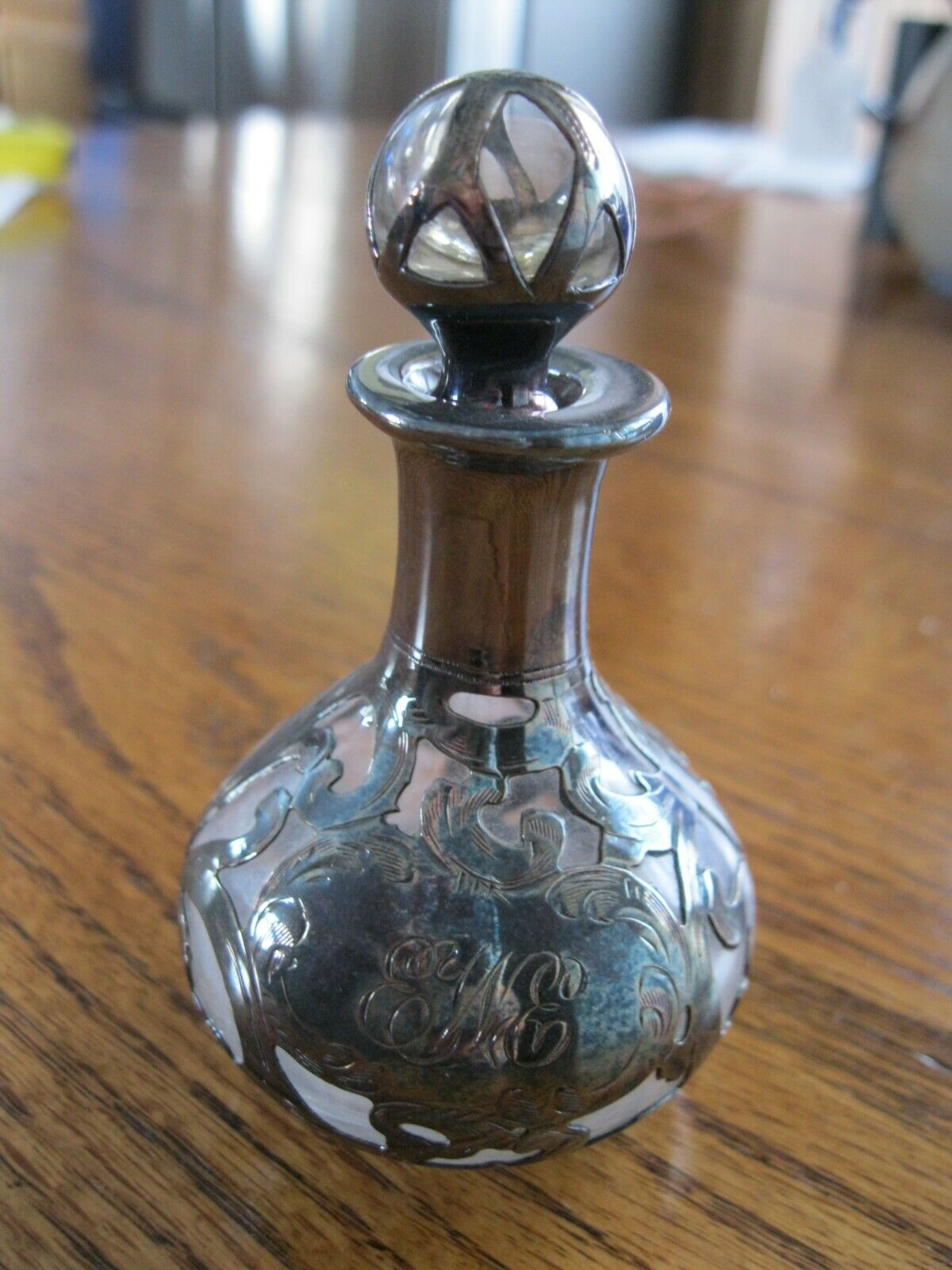 Beautiful Antique Art Nouveau Silver Overlay Perfume Bottle 3-1/2" "EWE" Mono