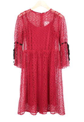 MINT & BERRY Women Dress UK8 Red Long Sleeved Lined Lace Below Knee Layered