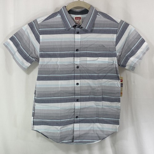 Wrangler Boys Short Sleeve Button-up Shirt XXL Size 18 Gray White Blue Striped - Picture 2 of 13
