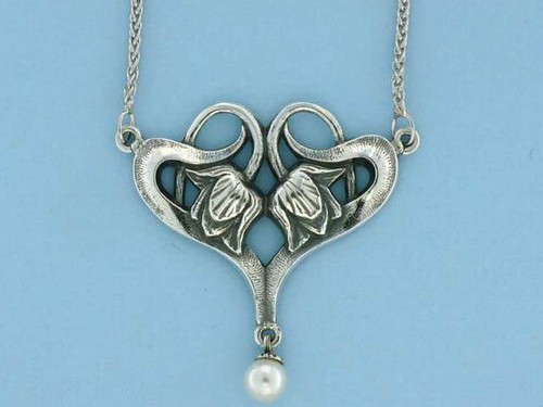 Art Nouveau Jugendstil Lotus Pearl 925 Sterling Silver Pendant Necklace New