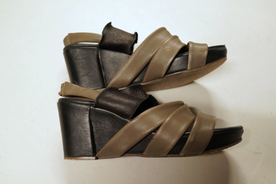 fausto santini brown/black strappy leather 3” wedge heels…size eu 37…vgc...