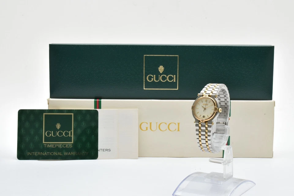 Reloj Gucci Vintage [N Como Nuevo/Caja, Papel] Oro 9000L Marfil Fecha Qz Damas JAPÓN Foto 3 de 4