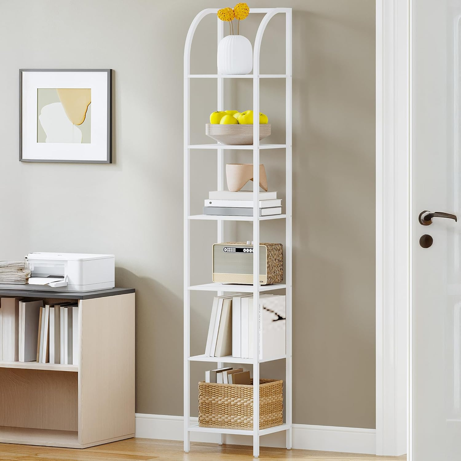 Narrow Bookcase 6 Tier Tall Storage Shelving Unit Rustic Brown Industrial Slim