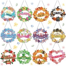 12 Pcs Seasonal Diamond Art Wreath Kits Holiday 5d DIY Diamond Art Hanging Signs