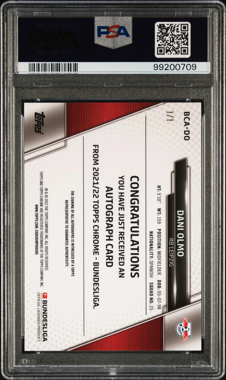 2021 Topps Bundesliga Chrome Auto Dani Olmo Superfractor 1/1 PSA view 2