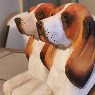 Hand Carved Painted Basset Hound Bookends Set of 2 Brown White Black