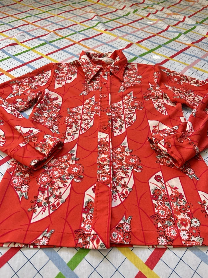 Blusa Floral Roja Años 70 De Colección Mujer Talla Pequeña Cuello Punta Manga Larga Poliéster Foto 3 de 4