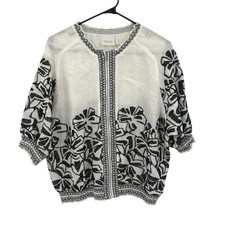 Chico's Linen Embroidered Zip Front Jacket Sz 2 L/XL Black White Lightweight