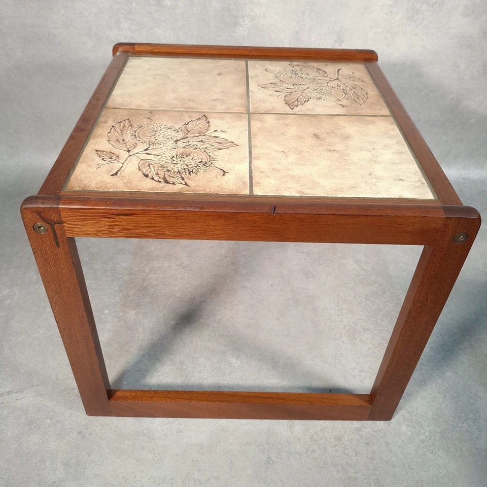 Mid Century Vintage Teak Nest of Two Tables - 1970s Floral Tiled Top - Image 4 of 4