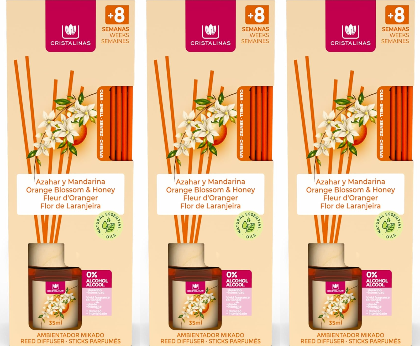 3x Cristalinas Reed Diffuser Home Air Freshener 25ml - Orange Blossom & Honey