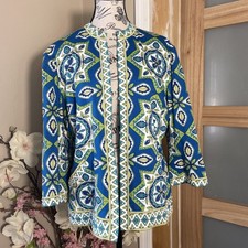 Chico's open front artsy colorful blazer size "2" blue 3/4 sleeve