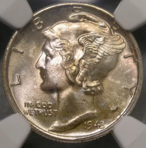 1943 D MERCURY WINGED HEAD SILVER DIME ATTRACTIVE LUSTER CHOICE PQ+ NGC MS 67 FB
