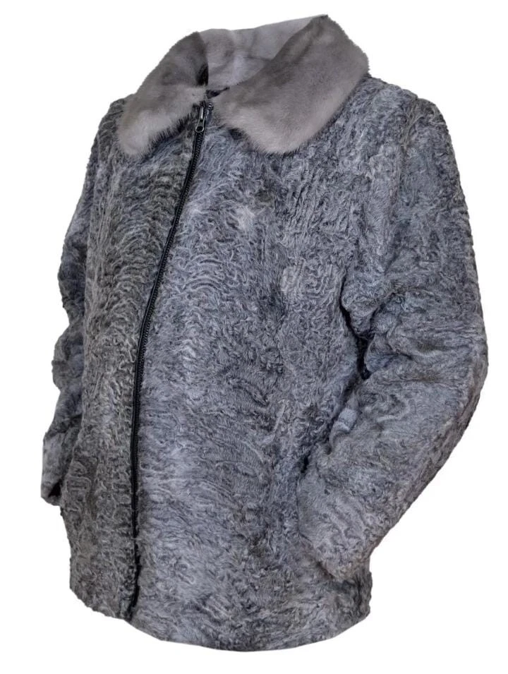 Abrigo gris piel de cordero persa real piel de astracán estilo bombardero piel de visón real cuello Foto 3 de 4