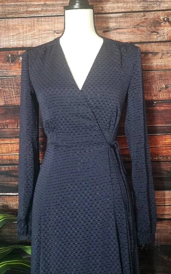 H&M Midi Dress Size 2 Long Sleeve Wrap Tie Textured Sheer Navy Blue Lined V-Neck - Image 4 of 4