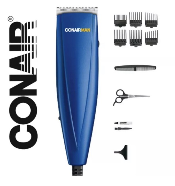 Conair Man Hair Clippers Simple Cut 12 PC Home Haircutting Kit Blue