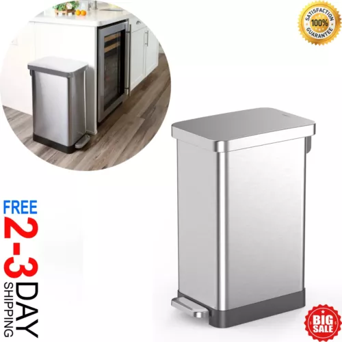 13.2 Gallon Trash Can, Stainless Steel Step On Slim Kitchen Trash Can, Silver