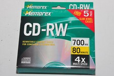 MEMOREX CD-RW REWRITABLE 5pk 700MB 80 MINUTES w/SLIM JEWEL CASES 4X SPEED E4-50w