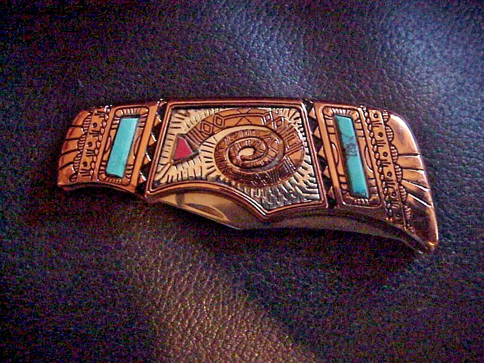FRANKLIN MINT SOUTHWESTERN TURQUOISE AZTEC SET OF SIX WITH DISPLAY - Image 3 of 4