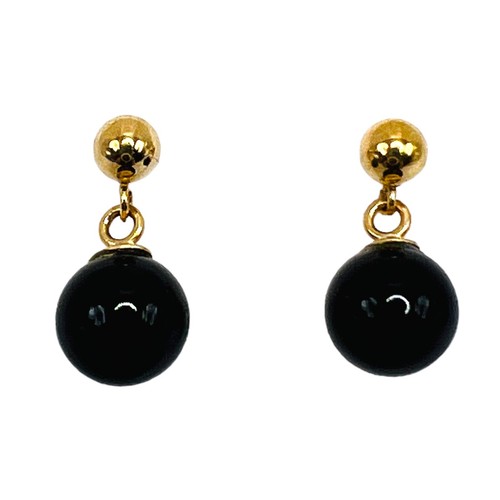 Pendientes colgantes con poste de bola de ónix negro de oro amarillo de 14k