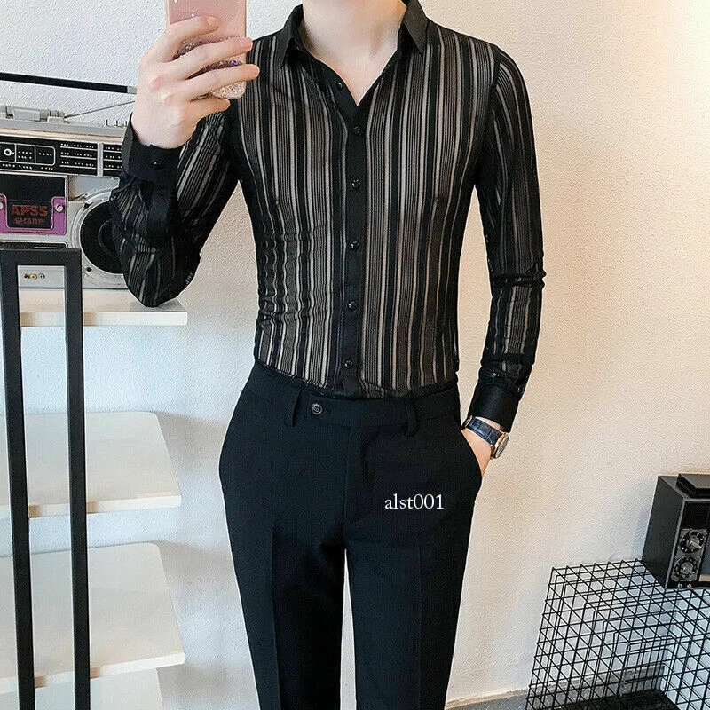 Mens See Through Long Sleeve Slim Fit Lace Shirts Tops Nightclub Summer Blouses - Image 4 of 4