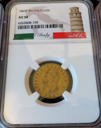 1865T BN Italy Gold 20 Lire NGC AU58 * FREE Shipping * - Picture 7 of 10