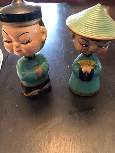 LOT Pair VTG Asian GIRL & BOY Bobble Head Nodders CDGC Japan Rhinestone Figurine - Picture 1 of 8