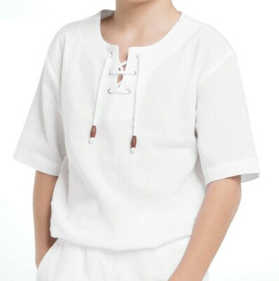 White by Nature Boys' Lace Up Short Sleeve 100% Cotton T-Shirt  White  NWT