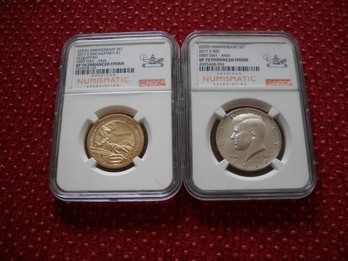 2017-S Kennedy 50C & Sacagawea $1 NGC SP70 Enhanced Finish ANA First Day 225th
