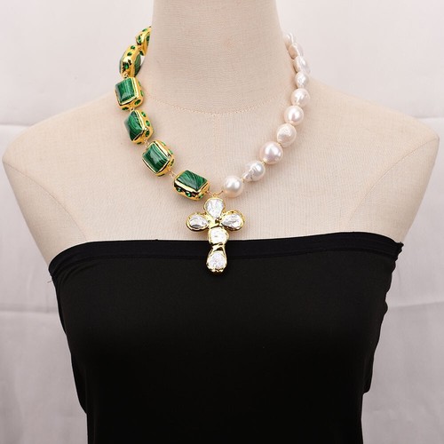 Natural White Baroque Pearl Green Malachite Necklace Coin Pearl Cross Pendant - Picture 8 of 9