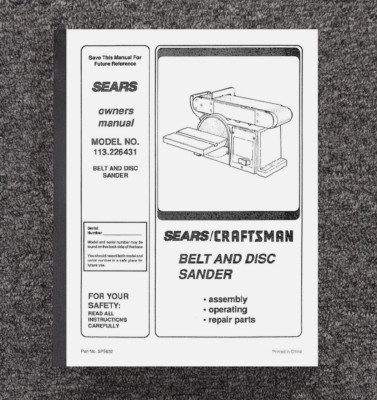 BELT & DISC SANDER OWNERS OPERATORS MANUAL FITS SEARS CRAFTSMAN