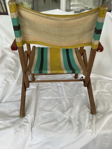 VTG Antique RARE 1950s MCM striped canvas child’s beach porch lounge wood chair - Picture 11 of 24