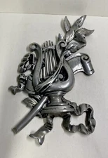 Vtg Harp, Branch, Scroll & Ribbon Silver Metal Hanging Wall Art Decor Sculpture