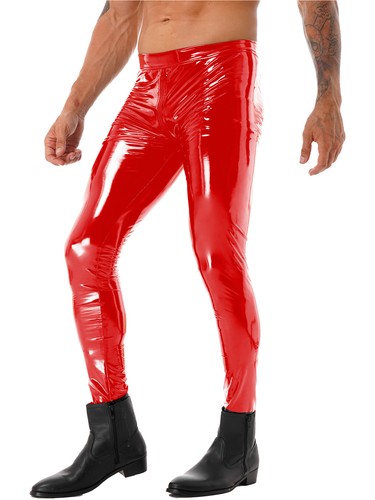 Men's Leather Skinny Pants Zipper Crotch Leggings Tight Motorcycle Biker Pants - Picture 18 of 60