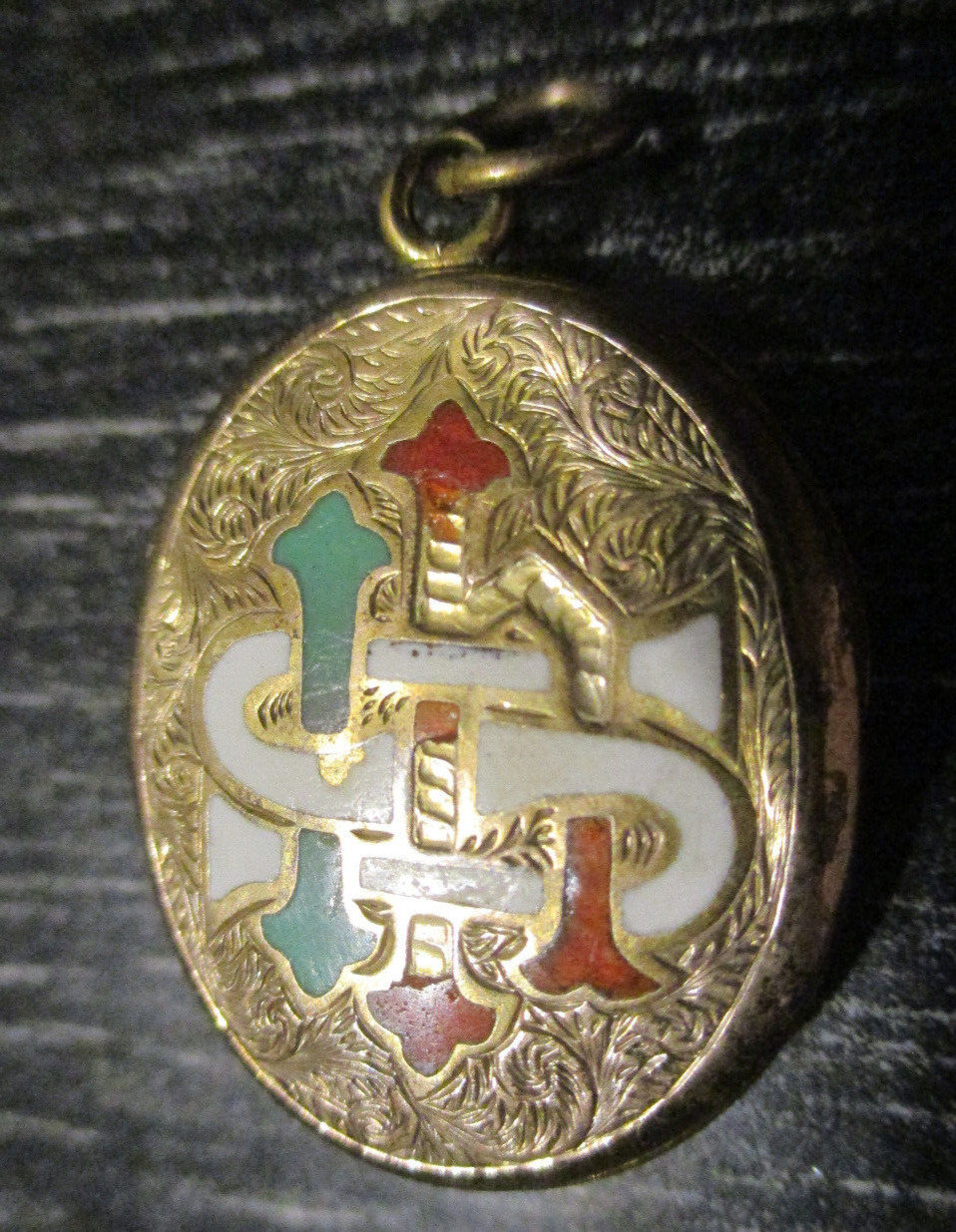 Antique Victorian Enamel IHS Etched Gold Plate Filled… Gem