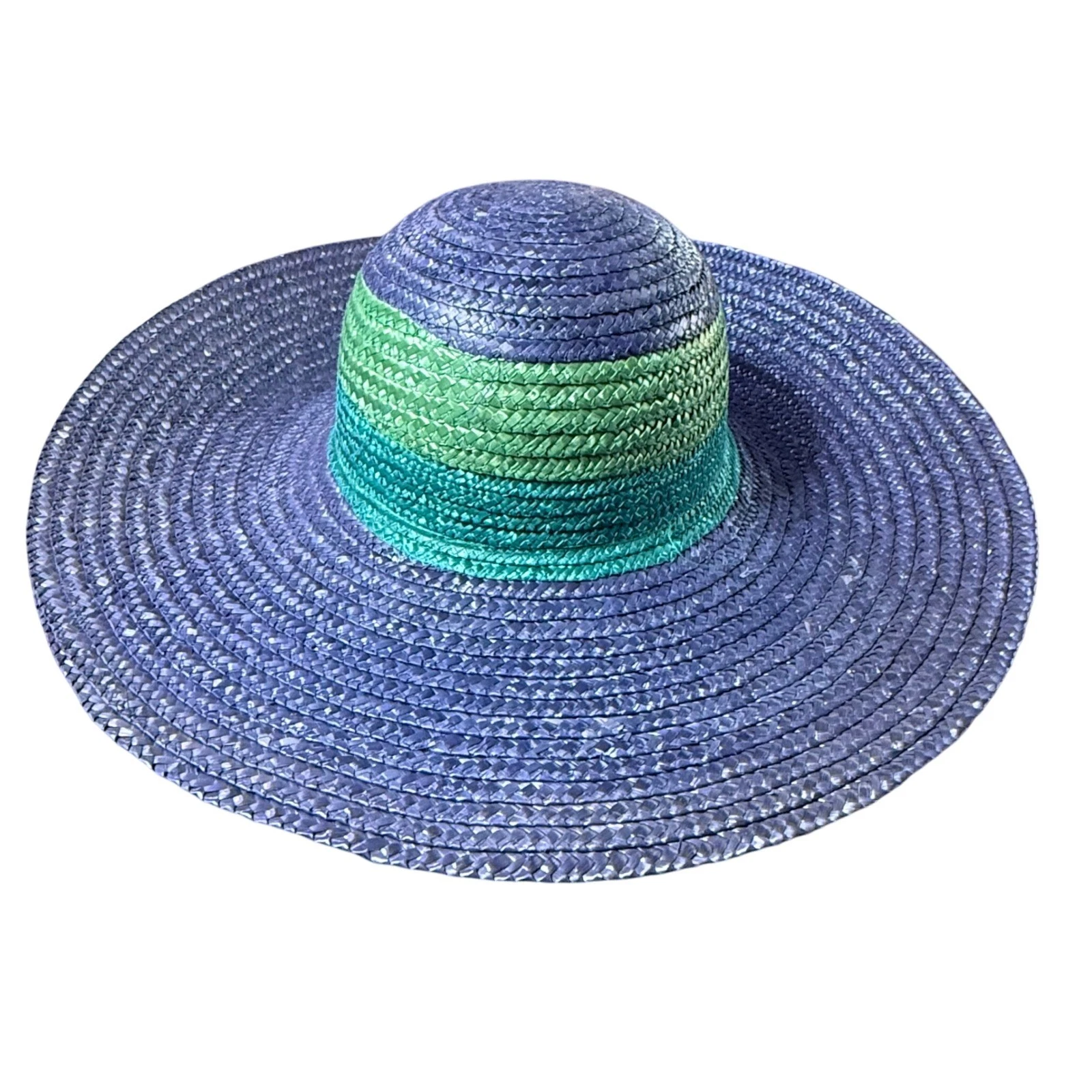 Liz Claiborne Floppy Straw Hat Blue Green Ombre Wide Brim Sun Hat