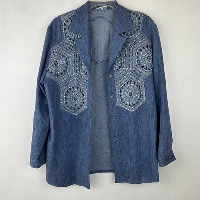 Vtg Button Up Denim Shirt Womens L Granny Core Top Embroidered Embellished Read