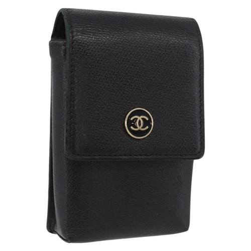 CHANEL Cigarette Case Leather Black Gold CC Auth SW2330A