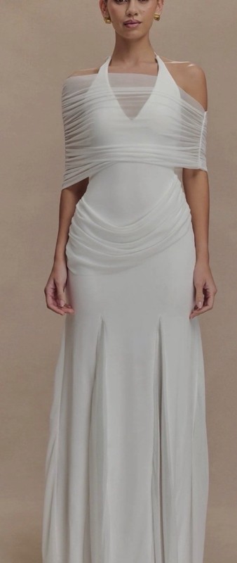 Meshki Ivory Draped Off-Shoulder Wedding Gown