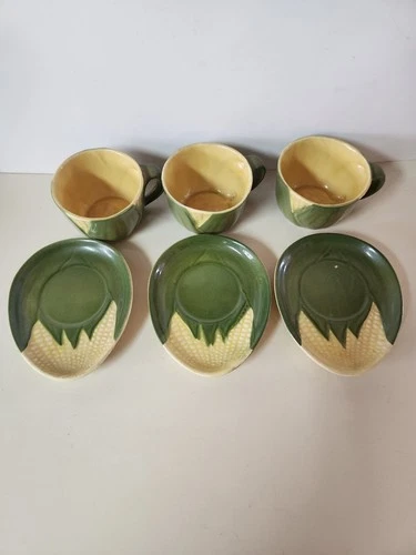 VTG Shawnee Pottery Corn Queen Cup & Saucer 3 CT #90 & 91 Ovenproof USA Set of 3