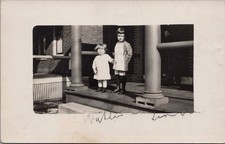 Vintage Real Photo Postcard Siblings Porch Steps Brick House AZO