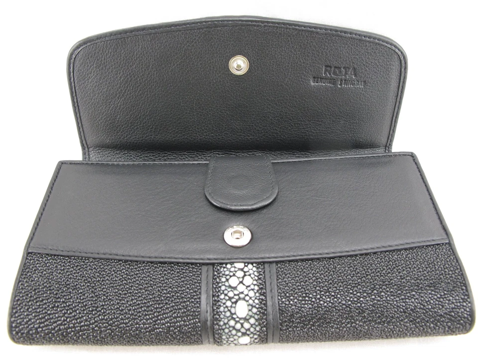 Cartera sin asas de cuero genuino con piel de raya de diamante para mujer triple pliegue negra Foto 3 de 4