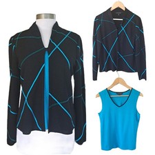 MING WANG Knit Embellished Cardigan Jacket Tank Set Black Turquoise Small