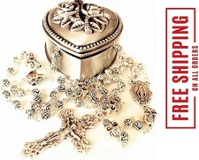 HANDMADE Silver Rose Beads  Skull Rosary Necklace Cross Gift Box Italy Cr