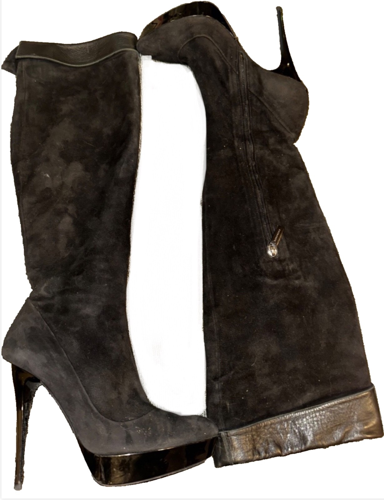 BURBERRY Suede Leather Knee Thigh High Heels Platform Black Boots 38 image 2