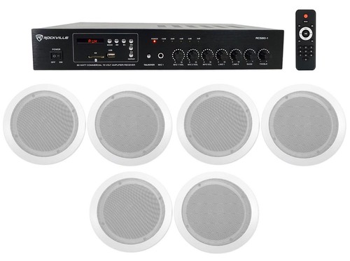 1-Zone Home Audio Receiver+(6) White Ceiling Speakers For Bedroom/Living Room