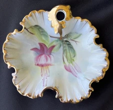 Vtg Pink Fuchsia Floral Leaf Shaped Candy Trinket Dish Hand Painted Gold Trim 6”
